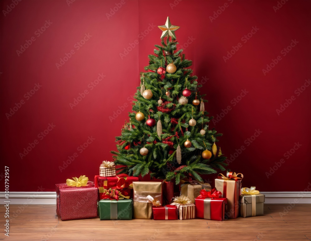 A beautifully decorated Christmas tree stands against a rich red wall, surrounded by an array of colorful wrapped gifts, creating a warm and festive holiday atmosphere.