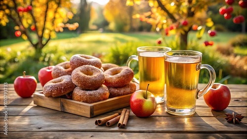 Apple cider donuts and warm cider in the garden background 