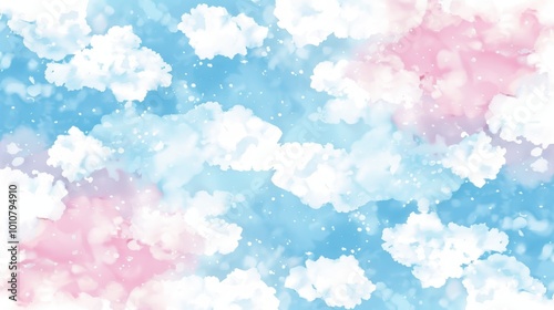 Abstract blue and pink watercolor background with white clouds