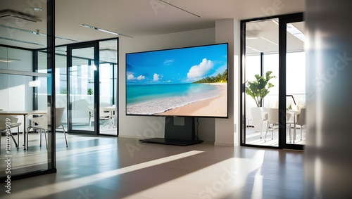 A big TV screen in a modern office breakout area