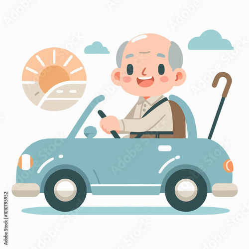 Grandpa driving a car happily