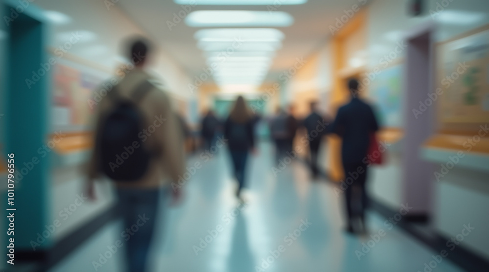 Abstract image of a school corridor during a break between lessons with blurred figures of schoolchildren Abstract image of a school corridor during a break between lessons with blurred figures of schoolchildren