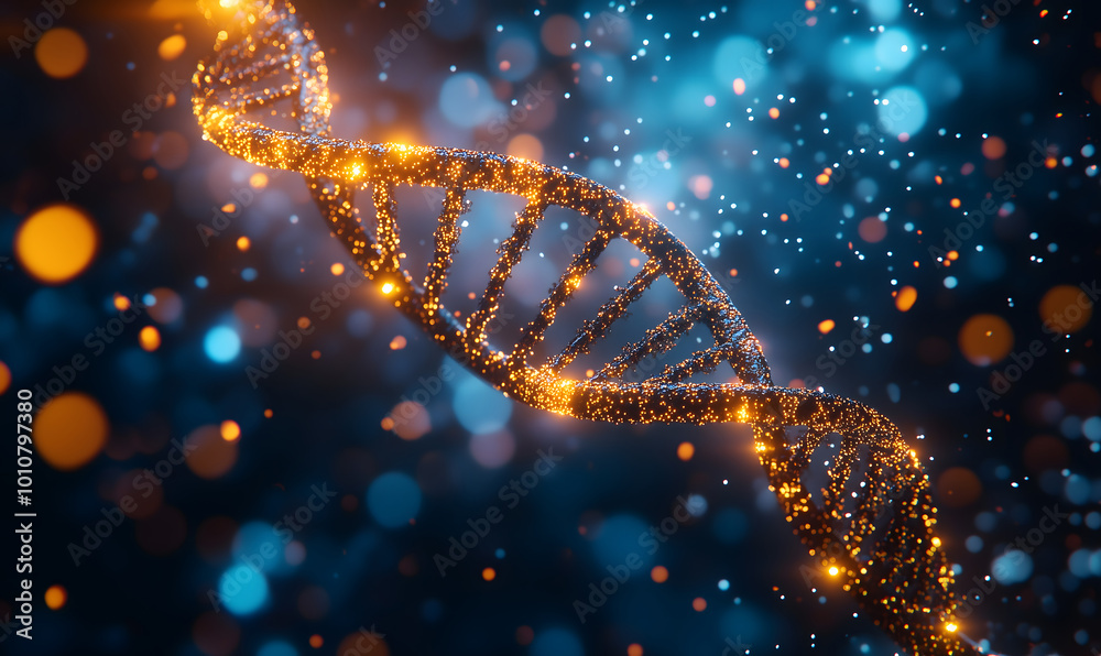 Close-up detailed view of DNA helix glowing with neon light. Science, health concept, Generative ai Close-up detailed view of DNA helix glowing with neon light. Science, health concept, Generative ai