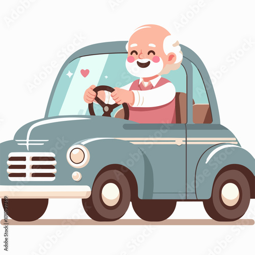 Grandpa driving a car happily