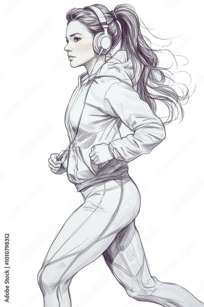 Dynamic Sketch of a Woman Jogging with Headphones in Sporty Attire Capturing Motion and Energy Dynamic Sketch of a Woman Jogging with Headphones in Sporty Attire Capturing Motion and Energy