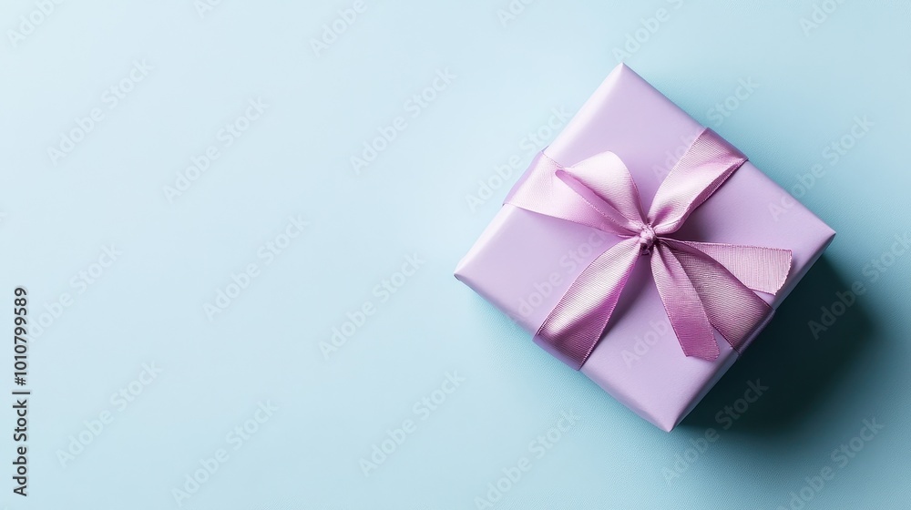 Elegant Gift Box with Soft Lavender Bow on Light Blue Background Elegant Gift Box with Soft Lavender Bow on Light Blue Background