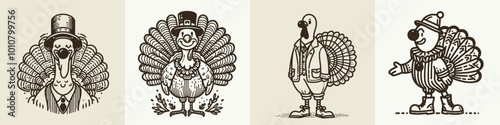 Four whimsical turkeys dressed as humans, featuring a clown, a gentleman, a lady, and a fancy character, each showcasing unique styles and playful expressions.