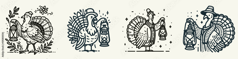 The image features four whimsical turkeys, each holding a lantern, with unique designs that evoke a festive and playful atmosphere. The image features four whimsical turkeys, each holding a lantern, with unique designs that evoke a festive and playful atmosphere.