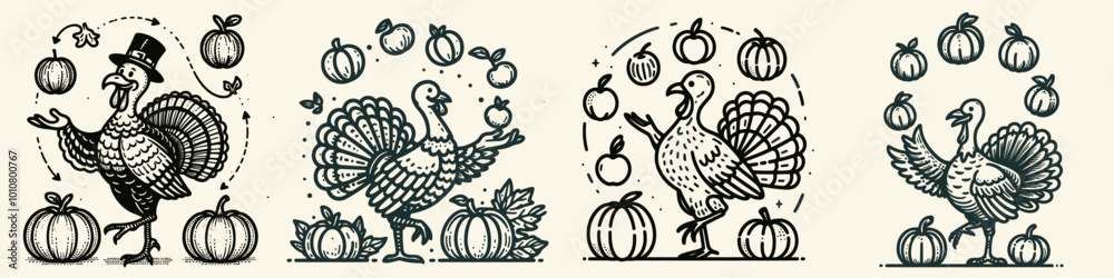 Obraz premium Four playful turkeys juggling pumpkins, showcasing festive cheer and Thanksgiving spirit through charming vintage illustrations.