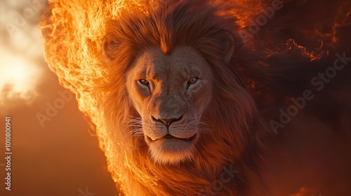 Majestic lion surrounded by a fiery aura, symbolizing power and strength, set against a dramatic orange and smoky background, evoking a sense of grandeur and ferocity. photo