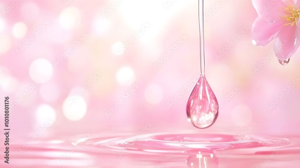 A delicate pink droplet falls into a calm water surface, creating ripples against a soft-focus floral backdrop.