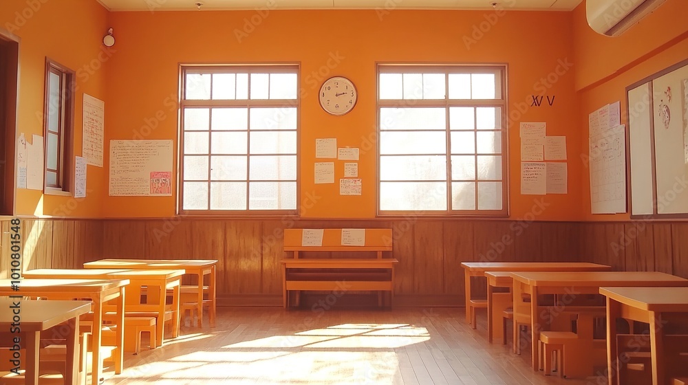 Empty Classroom with Orange Walls and Sunlight Empty Classroom with Orange Walls and Sunlight