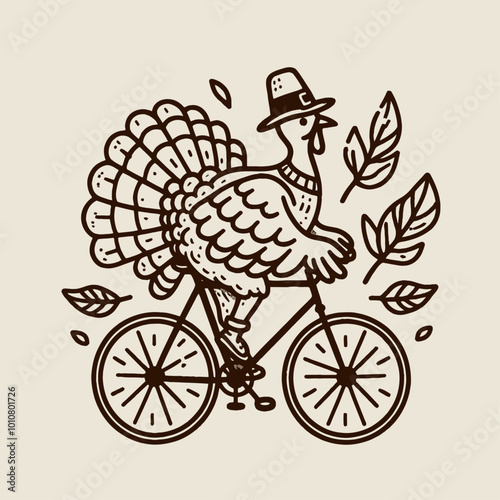 Quirky illustration of a turkey wearing a hat, riding a bicycle surrounded by leaves, combining humor and autumn themes.
