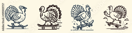 Four cartoon turkeys performing tricks on skateboards and rollerblades, showcasing a fun and whimsical style.