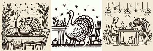 Vintage illustrations depict a turkey at a festive dinner setting, highlighting seasonal themes of gratitude and celebration.