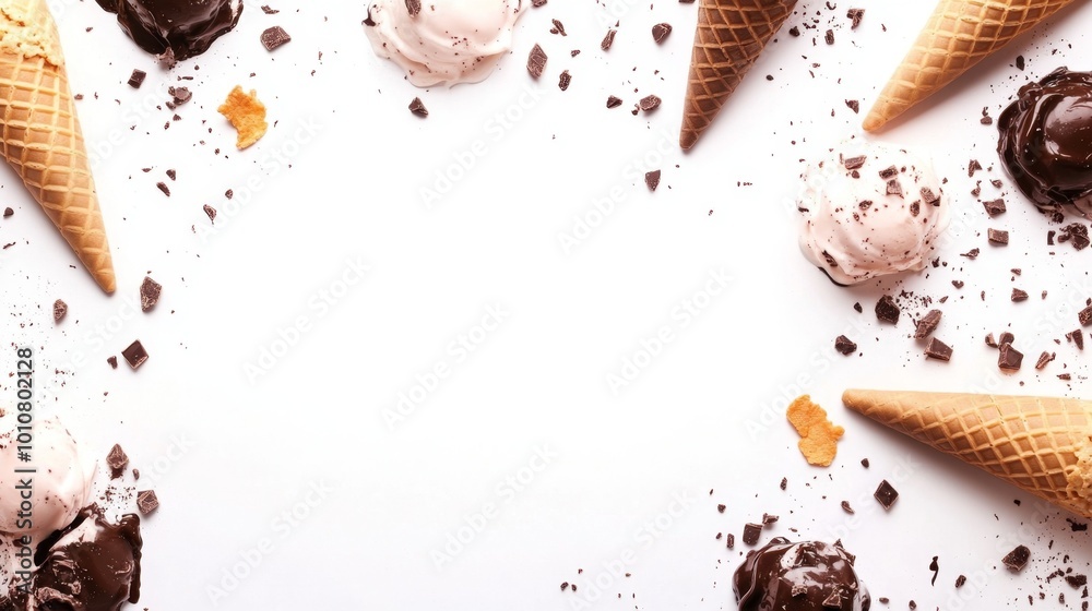 Fototapeta premium Delicate Ice Cream Border in Vintage Pastel Tones with Chocolate-Dipped Cones on White Background