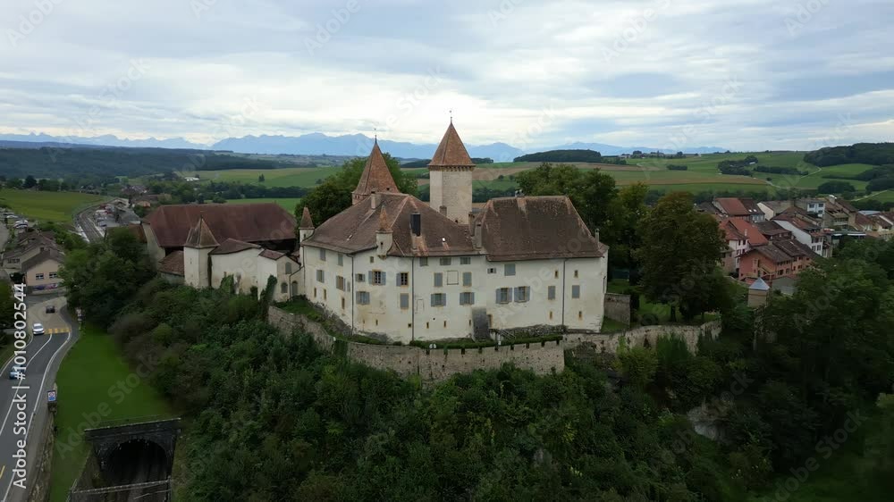 Pull out drone shot of beautiful La Sarraz Castle in Vaud Switzerland Pull out drone shot of beautiful La Sarraz Castle in Vaud Switzerland