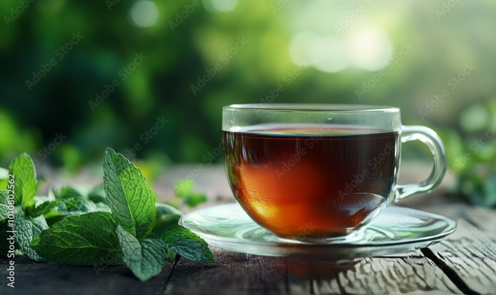 black tea with mint in glass cup on wooden table with green natural blurred background black tea with mint in glass cup on wooden table with green natural blurred background
