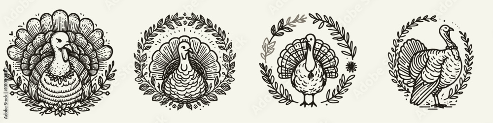 Four ornate turkey illustrations, each enclosed in circular designs, showcasing different artistic styles and details. Four ornate turkey illustrations, each enclosed in circular designs, showcasing different artistic styles and details.