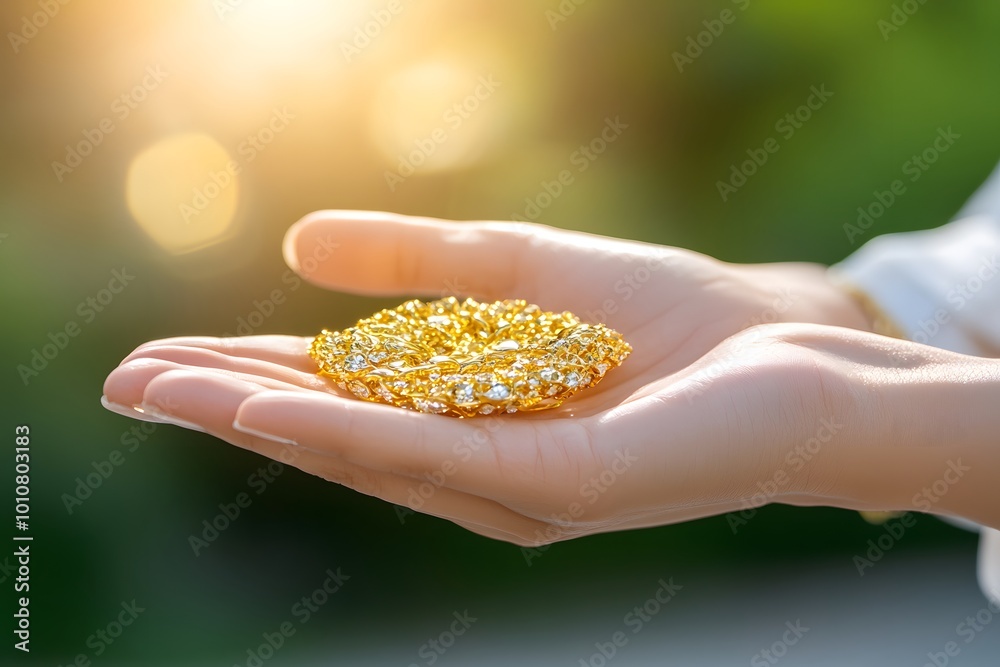 A hand holding a shimmering pile of golden objects, surrounded by a soft, glowing background, symbolizing wealth and prosperity. A hand holding a shimmering pile of golden objects, surrounded by a soft, glowing background, symbolizing wealth and prosperity.
