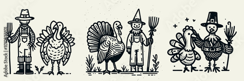 A whimsical illustration featuring turkeys and farmers in rustic attire, celebrating a cheerful harvest scene.