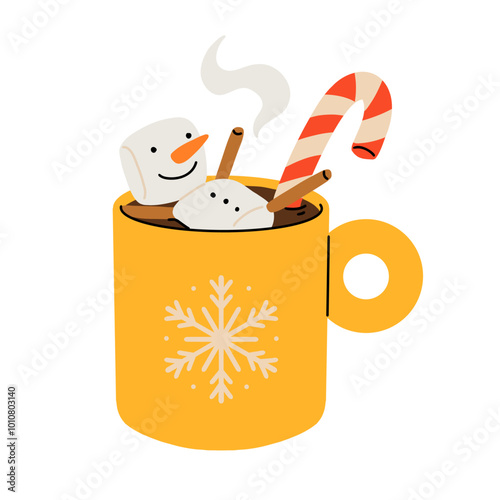 Christmas and Happy New Year illustration. Mugs of cacao with whipped cream, marshmallow and candy cane. Greeting card for Xmas, New year or winter holidays. Vector design template.