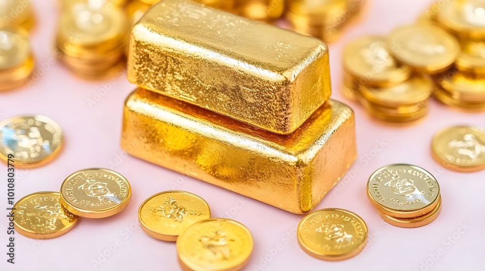 Two shimmering gold bars surrounded by a scattering of shiny gold coins on a soft pink background, symbolizing wealth and prosperity. Two shimmering gold bars surrounded by a scattering of shiny gold coins on a soft pink background, symbolizing wealth and prosperity.