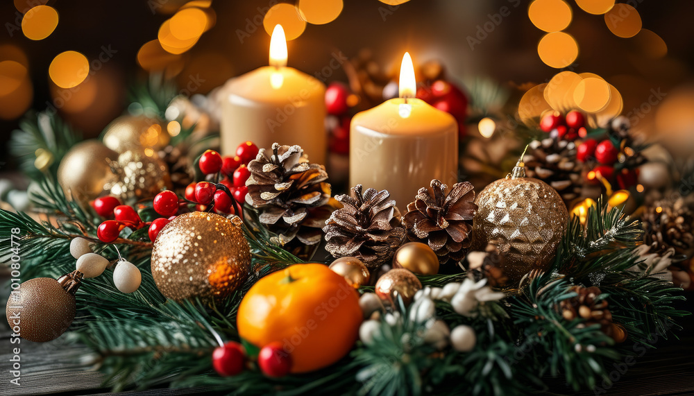 Rustic Christmas Candles with Pinecones and Ornaments. Festive Table Decoration with Christmas Candles and Ornaments Rustic Christmas Candles with Pinecones and Ornaments. Festive Table Decoration with Christmas Candles and Ornaments