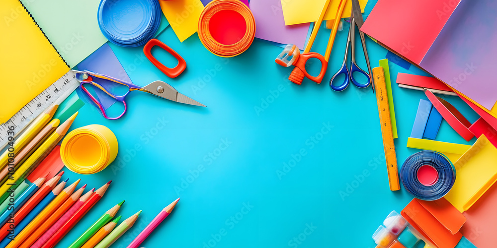 Φωτογραφία Preschool art supplies background with colorful paper, pencils, glue and scissor