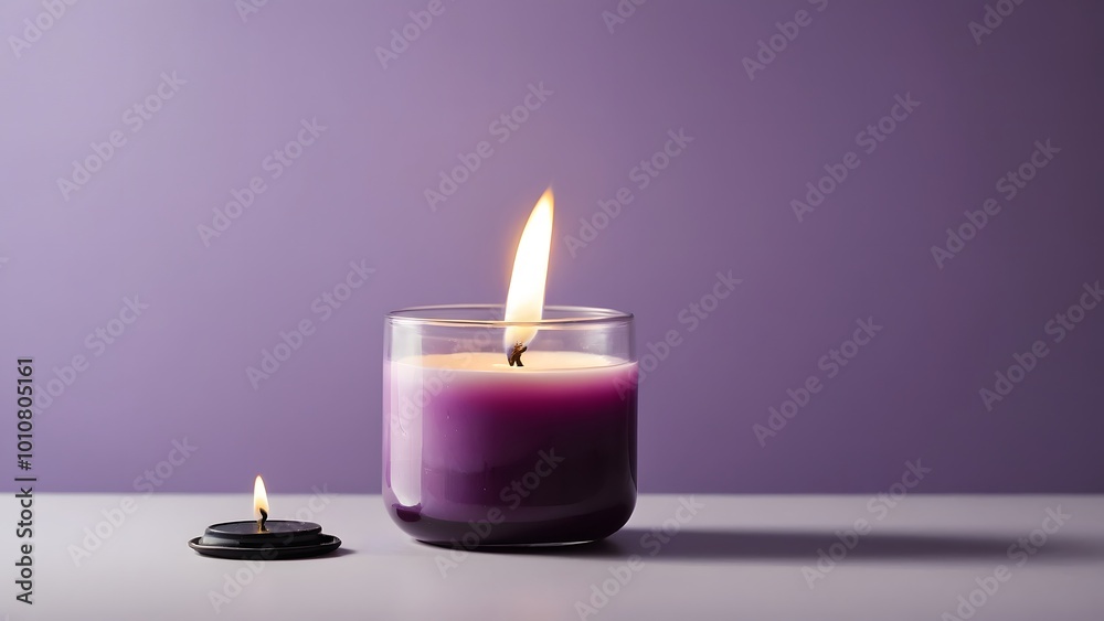 A Serene Interior Setup Featuring a Lit Purple Candle Beside Its Unlit Counterpart in Soft Lighting A Serene Interior Setup Featuring a Lit Purple Candle Beside Its Unlit Counterpart in Soft Lighting