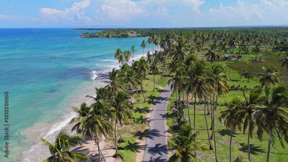 Playa La Entrada beach, Cabrera in Dominican Republic. Aerial forward Playa La Entrada beach, Cabrera in Dominican Republic. Aerial forward