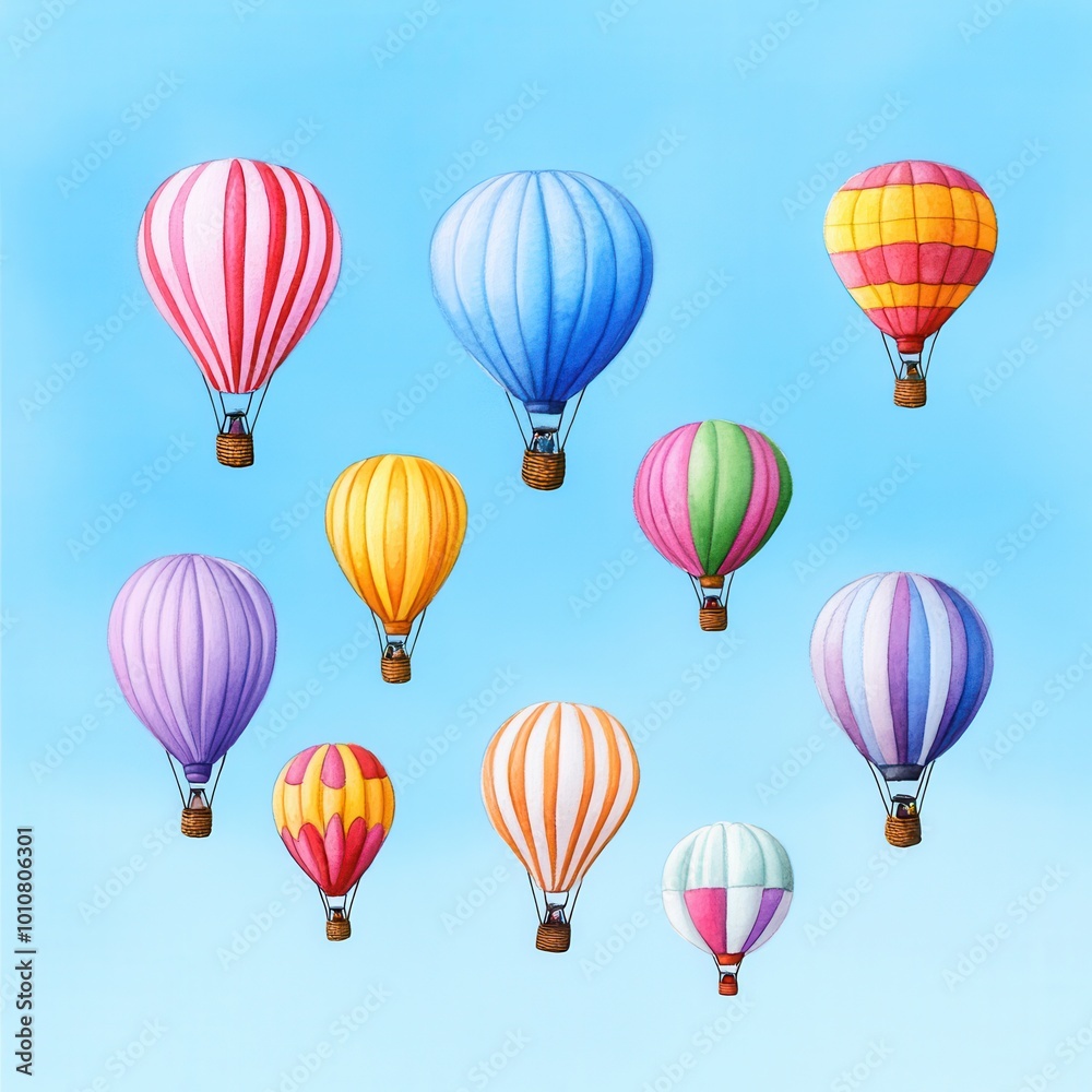 Colorful hot air balloons in a clear blue sky, perfect for travel themes. Colorful hot air balloons in a clear blue sky, perfect for travel themes.