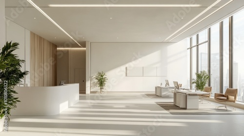 Bright and airy open office with clean white walls  shared desks  and large windows