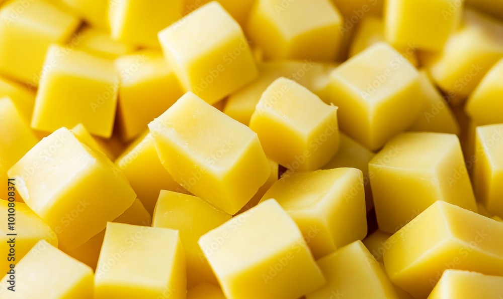 A close up of yellow cubes of cheese A close up of yellow cubes of cheese