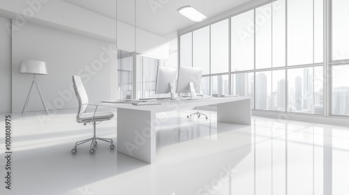 Modern office space with clean lines  large work tables  and natural lighting  isolated on white