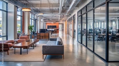 Modern open workspace with comfortable seating  glass partitions  and large desks