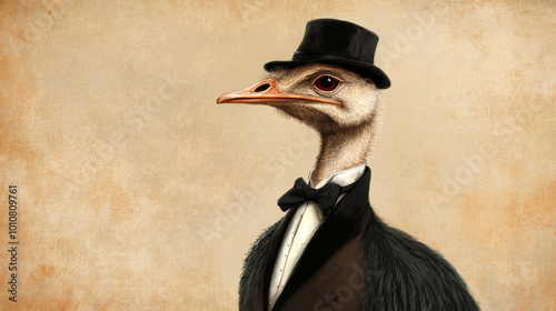 An anthropomorphic illustration of an ostrich man dressed in retro American style, combining playful character with vintage fashion elements.



 photo