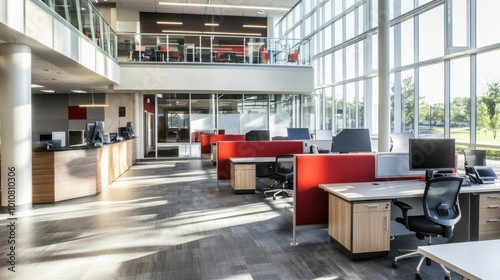 Open office space with sleek, modern furniture, natural light, and communal desks