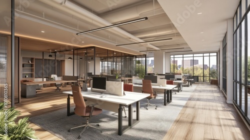 Open office space with sleek, modern furniture, natural light, and communal desks