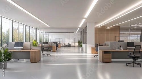 Spacious open office with bright lighting  clean desks  and modern seating  isolated on white