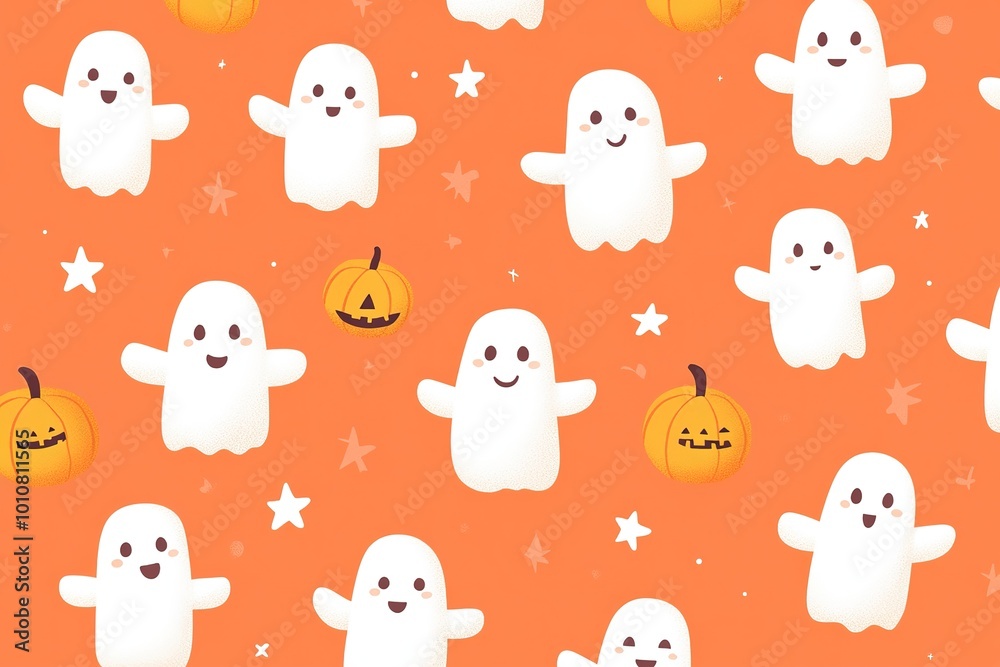A pattern of small, cute cartoon ghosts and pumpkins on an orange background. A pattern of small, cute cartoon ghosts and pumpkins on an orange background.