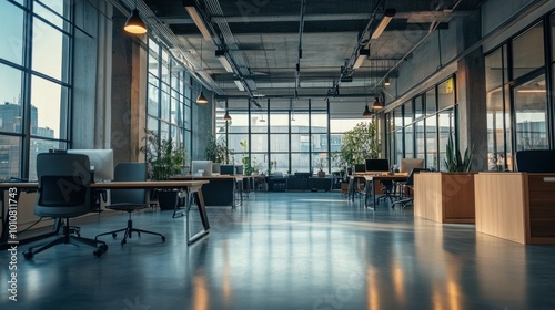 Wide shot of a spacious open office with bright lighting  minimalist decor  and collaborative workspaces