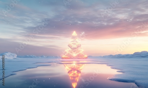 A minimalist snowy scene with a geometric Christmas tree made of triangular light structures, casting reflections on a frozen surface beneath a glowing winter sky photo