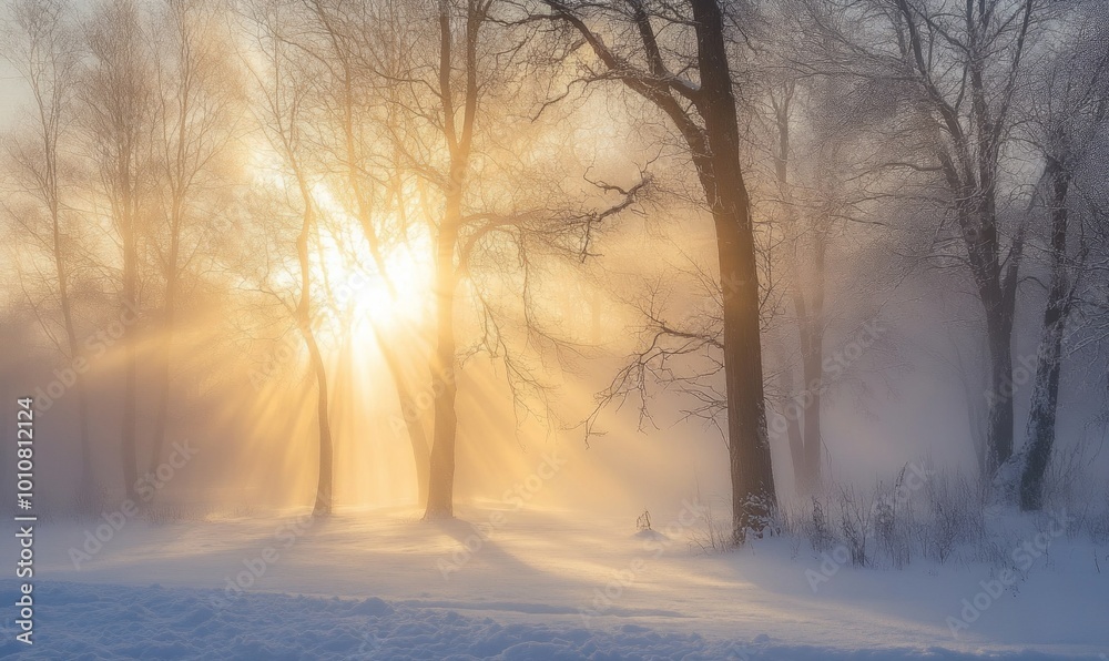 Morning light streaming through fog and trees in winter Morning light streaming through fog and trees in winter