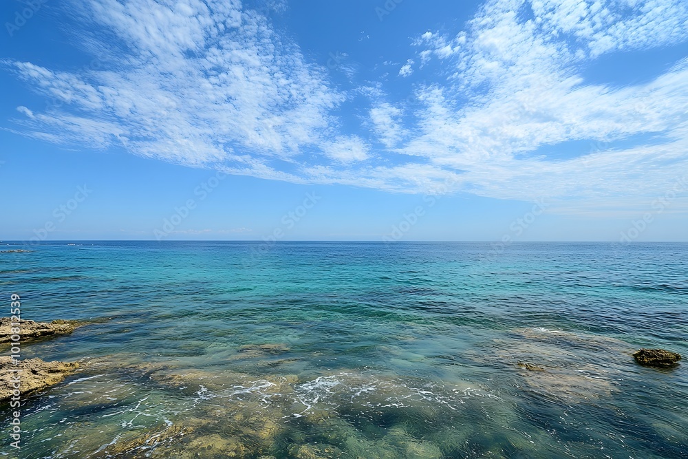 Sea water contrasts with the blue sky. Generative AI. Sea water contrasts with the blue sky. Generative AI.