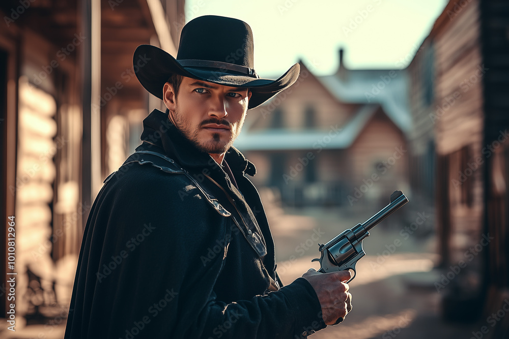 A Cowboy with a Revolver, Standing in a Western Town, Wearing a Black Hat and Coat, Looking Intensely at the Camera A Cowboy with a Revolver, Standing in a Western Town, Wearing a Black Hat and Coat, Looking Intensely at the Camera