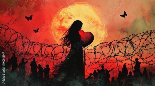 A woman holding a heart stands in front of a barbed wire fence with the sun setting behind her. The image evokes themes of love, sacrifice, and hope in the face of adversity.. AI Generation