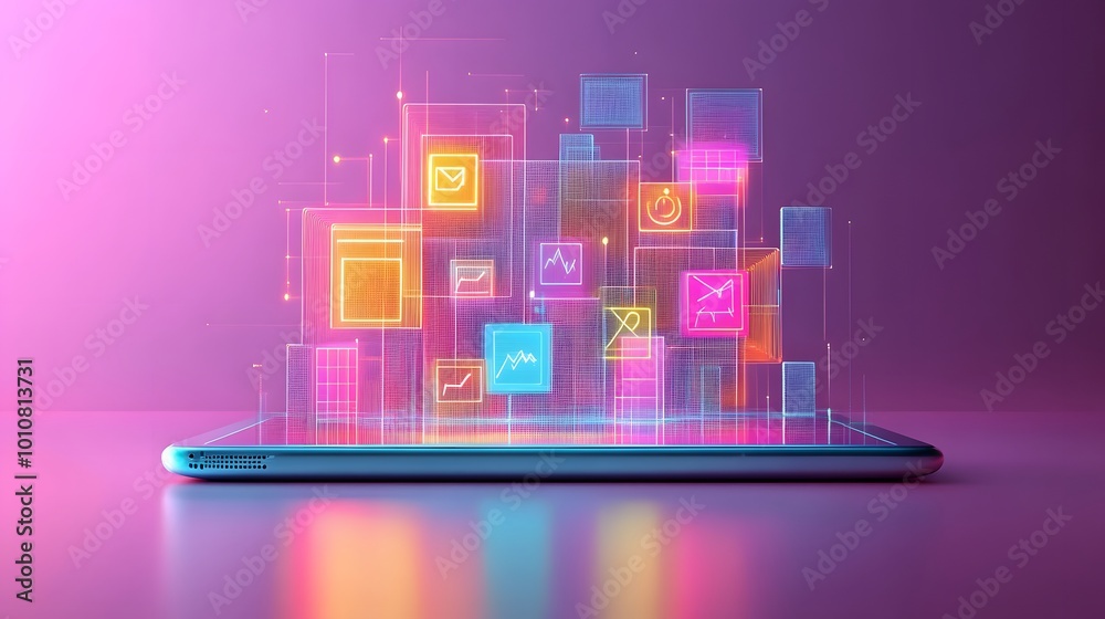Futuristic Abstract 3D Illustration of a Smartphone with Neon Lights and Wireframe App Icons - Digital Technology, Innovation, and Connectivity Concept. Futuristic Abstract 3D Illustration of a Smartphone with Neon Lights and Wireframe App Icons - Digital Technology, Innovation, and Connectivity Concept.