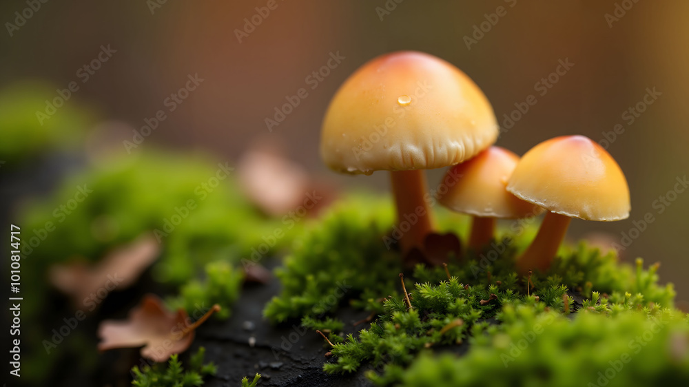 Tiny mushroom on mossy surface with fallen leaf in autumn Tiny mushroom on mossy surface with fallen leaf in autumn