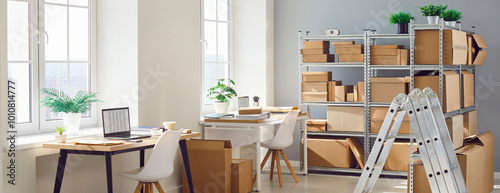 Empty warehouse of an online store or post office with shelves filled with parcels. Management of inventory in an online retail or postal setting, showcasing the storage of packages awaiting shipment.